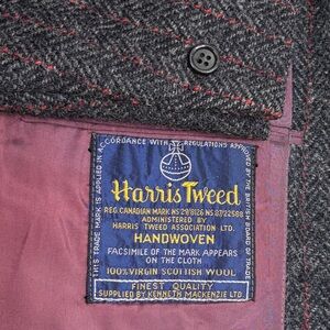 Vintage Harris Tweed Sport Coat Mens 44R 46R Gray Herringbone Wool Red Stripe